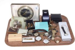 Tray of wristwatches, pocket watches, cufflinks and mantel clocks.