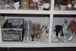 Nao and Lladro figurines, glass, metalwares, horse group, books, commemorative china.