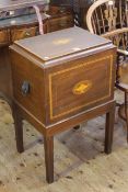 Edwardian inlaid mahogany wine cooler raised on four square tapering legs with lion mask ring