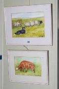 D.M. & E.M. Alderson, Working Dogs with Sheep and Prowling Fox, watercolours (2).