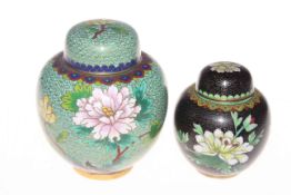 Two cloisonne ginger jars and covers, 14cm and 10cm.