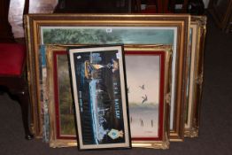 Gilt framed oil, three further oil paintings and two prints.