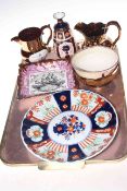 Imari plate, Royal Crown Derby vase, lustre ware including plaque.