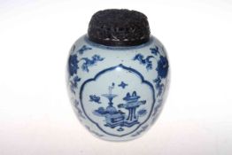 Early 19th Century Chinese blue and white ginger jar with pierced carved wood cover,