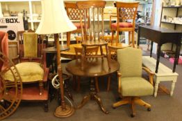 Snap top circular table, child's farmhouse chair, standard lamp and shade,