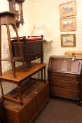 Oak bureau, blanket box, plant stand, mahogany piano stool, standard lamp and shade and wall clock.