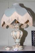 Art Nouveau period bedside electric lamp decorated with floral sprigs, with original matching shade,