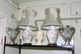 Pair of floral table lamps, pair of glass lanterns in stands with a pot planter.