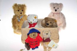 Six Steiff teddy bears and another, includes 1900-2002 and 1952-2002 editions.