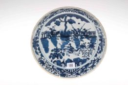 Chinese blue and white large saucer dish decorated with warriors, 29cm.