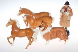 Royal Doulton 'Lambing Time', Beswick Lochinvar of Ladypark Collie dog and three Beswick horses (5).