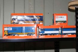 Seven boxed Diecast truck toys including Tekno, Volvo, Scania.