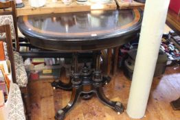 Victorian ebonised and inlaid demi lune fold top card table raised on four reeded column and