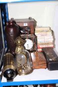 Pyrene fire extinguisher, mantel clocks, brass Andy Capp, Observer books, smokers cabinet.