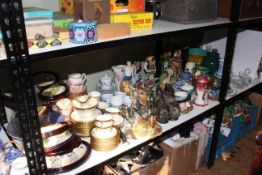 Shelf of ceramics, plaques, crystal, figurines, planter, etc.