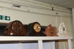 Collection of four mantel clocks including two Westminster chimes.