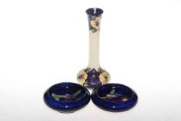 Moorcroft pottery trial vase dated, 20.5cm, and two Moorcroft pottery small dishes, 12cm (3).