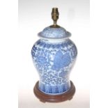 Oriental blue and white temple jar style vase and cover converted to a table lamp.