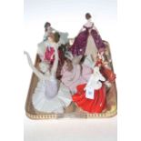 Three Royal Doulton figures, two Coalport and three Nao ballerinas.