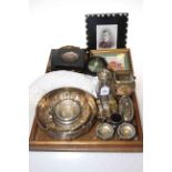 Tray lot with EP wares, Continental silver bowl, glass casket, small pictures, etc.