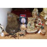 Box of cutlery, taxidermy fox head, Leonardo ornaments, toy horse and hounds, watches.