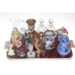 Pair crystal scent bottles, Masons jug, figures, Chinese vase, etc.