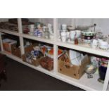 Full shelf of glass, china, pictures, painted egg, Oriental ware, chess set, etc.