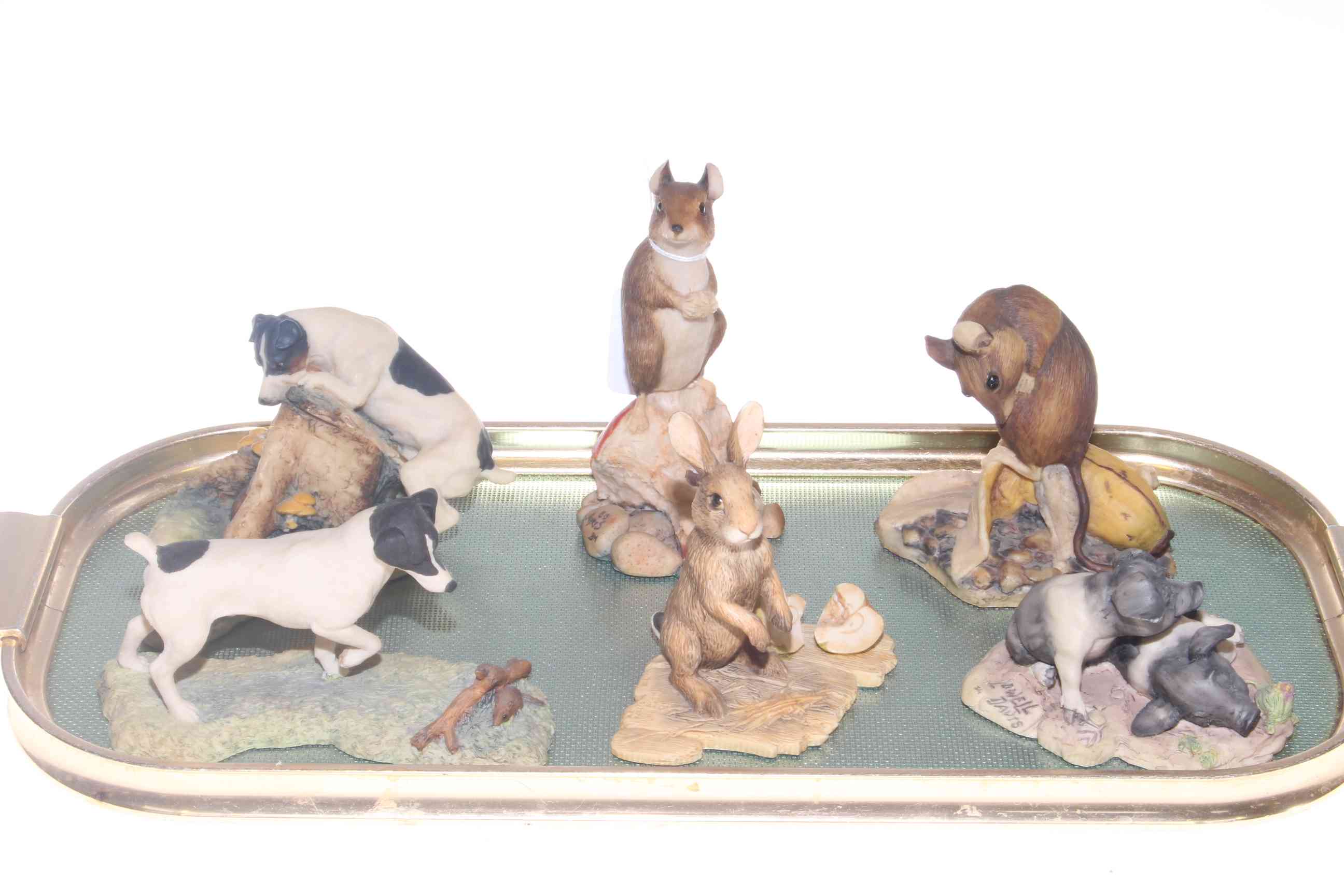 Collection of six Border Fine Arts sculptures, two mice, two Jack Russell, hare and piglets,