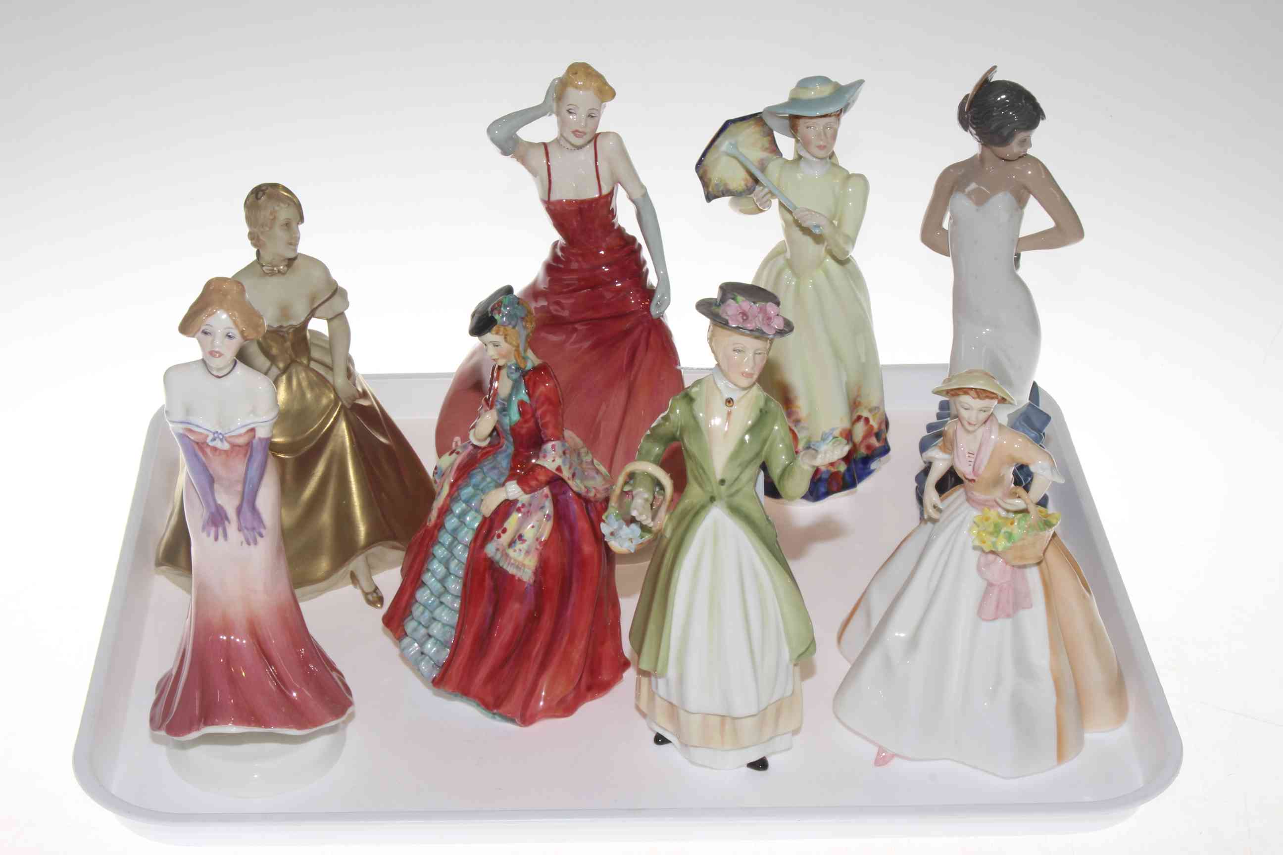 Collection of eight lady figures including Royal Dux, Nao, Paragon, Aynsley, etc.