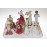 Collection of eight lady figures including Royal Dux, Nao, Paragon, Aynsley, etc.