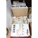 Assorted cigarette cards, tea cards, walking cane and first day covers.