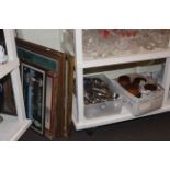 Collection of silver plated ware, four storage jars and various pictures.