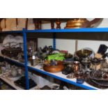 Collection of silver plated ware, canteen of cutlery, small stool, table lamps, kitchen scales,