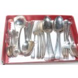 Silver Old English pattern flatware, comprising tablespoons, table forks, desert spoons and forks,