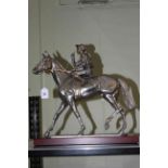 Royal Selanger Rockey on Racehorse ornament on wooden plinth by R. Cameron, 50cm.