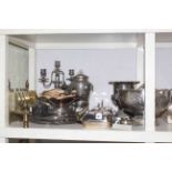 Collection of silver plated ware including punch bowl and cups, candelabra,