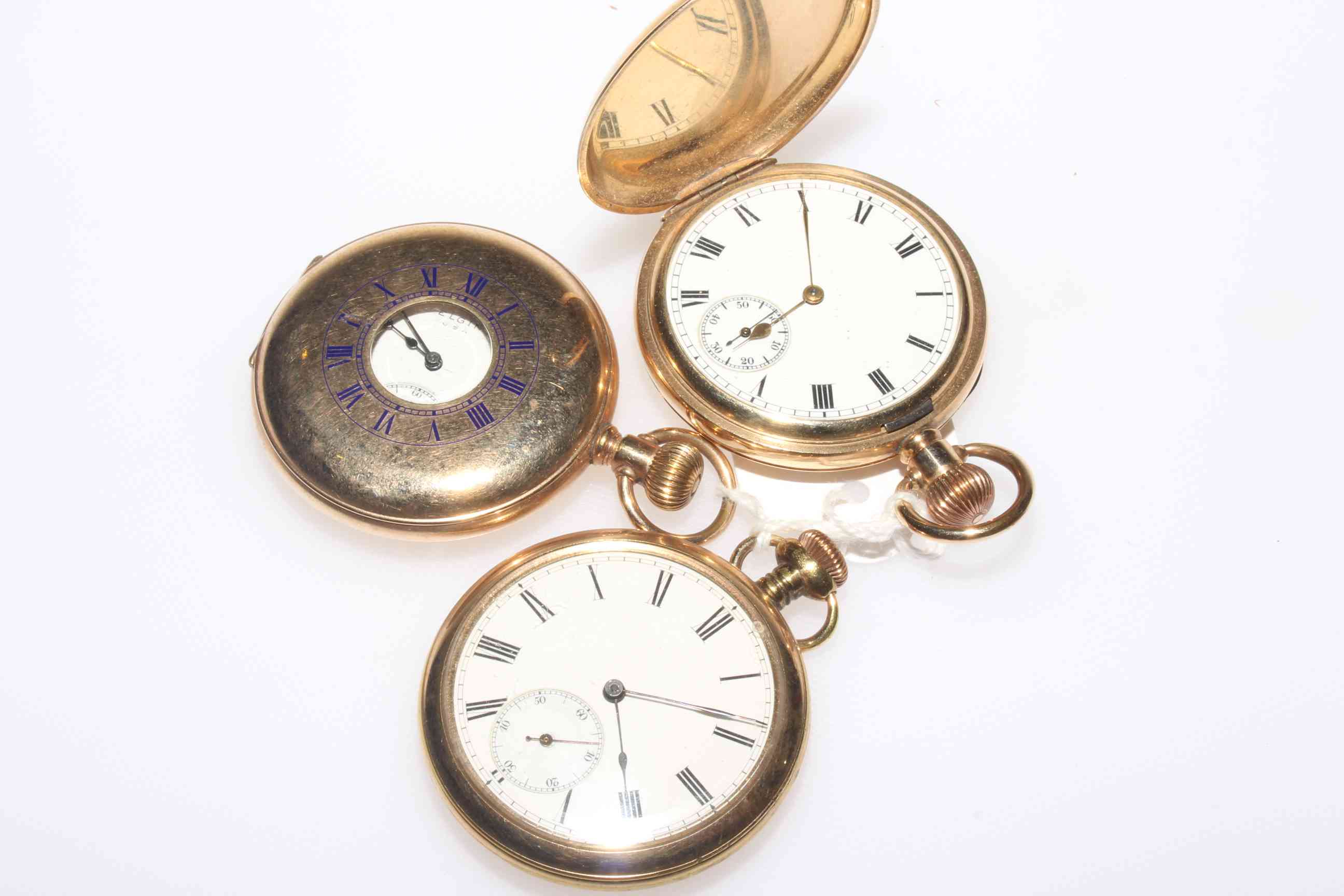 Gold plated keyless hunter, half hunter and open face pocket watches (3).