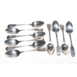 Ten early 19th Century silver fiddle pattern teaspoons, 6+4.