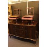 Mahogany cabriole leg sideboard, pair Victorian walnut nursing chairs,
