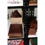 Cabinet portrait album, carved wooden box, tea caddies, bags, etc.