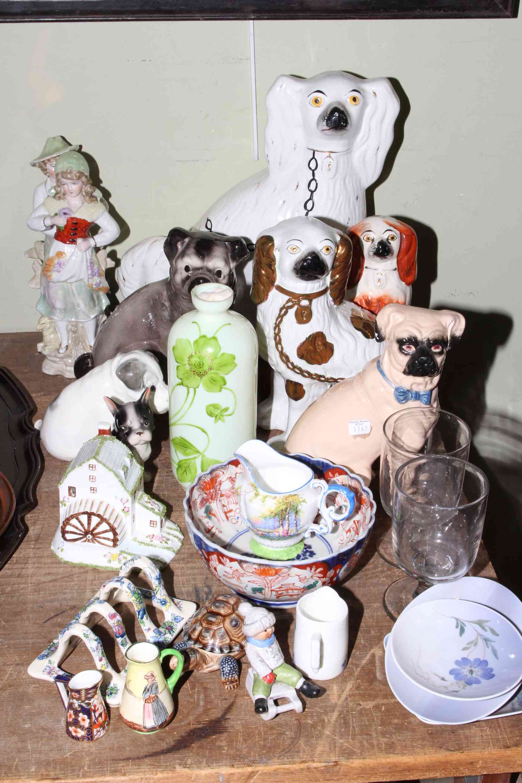 Assortment of ceramics including Staffordshire dogs, Masons, Wade, Coalport The Watermill,