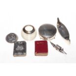 Six silver small pieces; ring box, prayer book, gondola, boat, match striker and patch box,