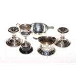 Silver quaich, embossed sugar basin, small trophy cup and pair of dwarf candlesticks (5).