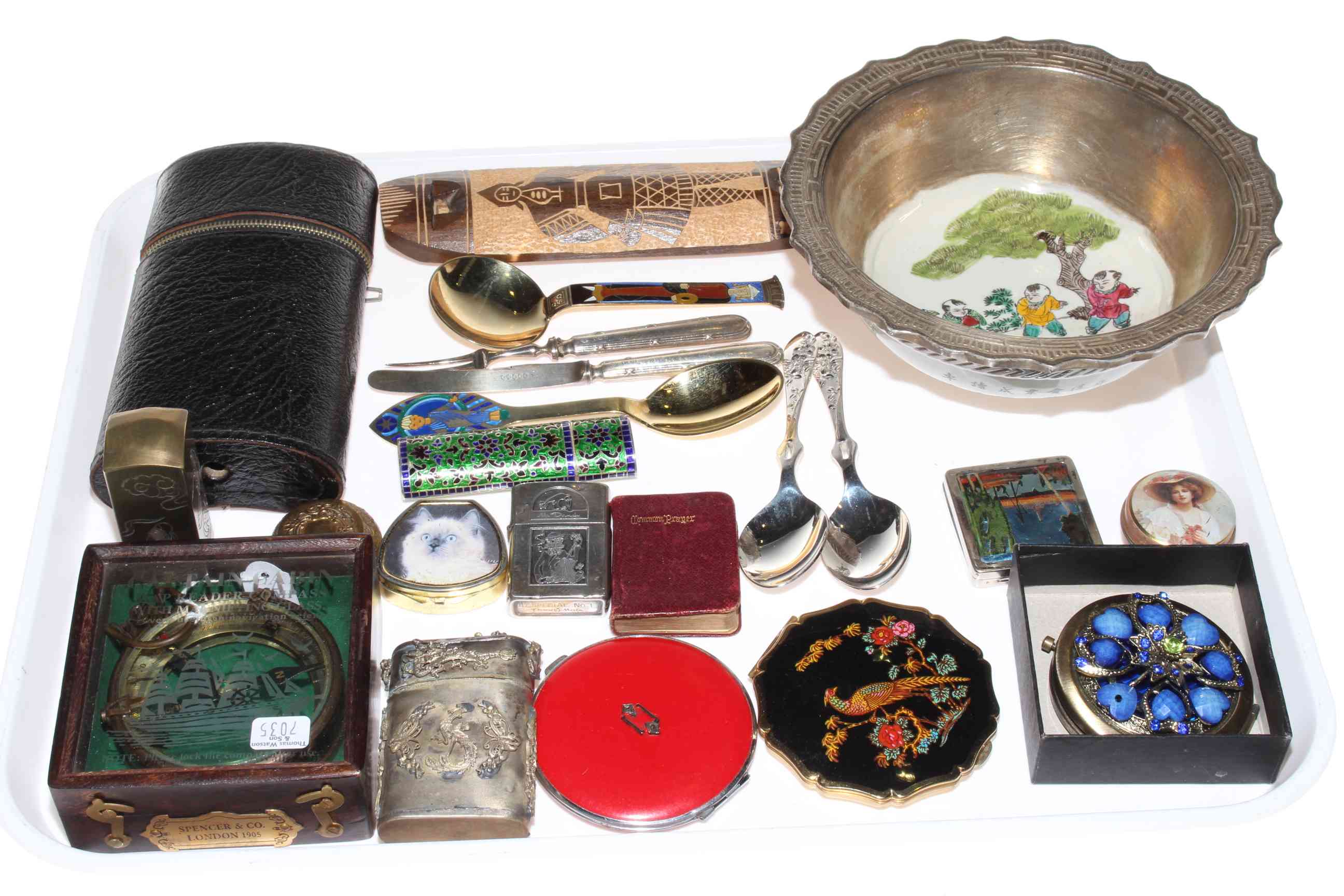 Spirit flask, comports, compass, Oriental bowl, cutlery, etc.