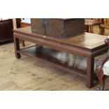 Chinese style rosewood rectangular coffee table, 43cm by 137cm.