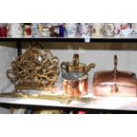 Ornate gilt metal magazine racks (2), brass fire irons, watering can and two copper pieces.