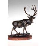 Bronzed stag on wooden plinth, 36cm.