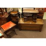 Ercol nest of three tables, drop leaf occasional table, triform washstand and oak blanket box (4).