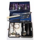 Collection of silver items including cruet set, glove stretchers, shoe horn and button hook,