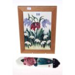 J. Macintyre for Moorcroft framed plaque tile and two Old Tupton ware door plaque (3).